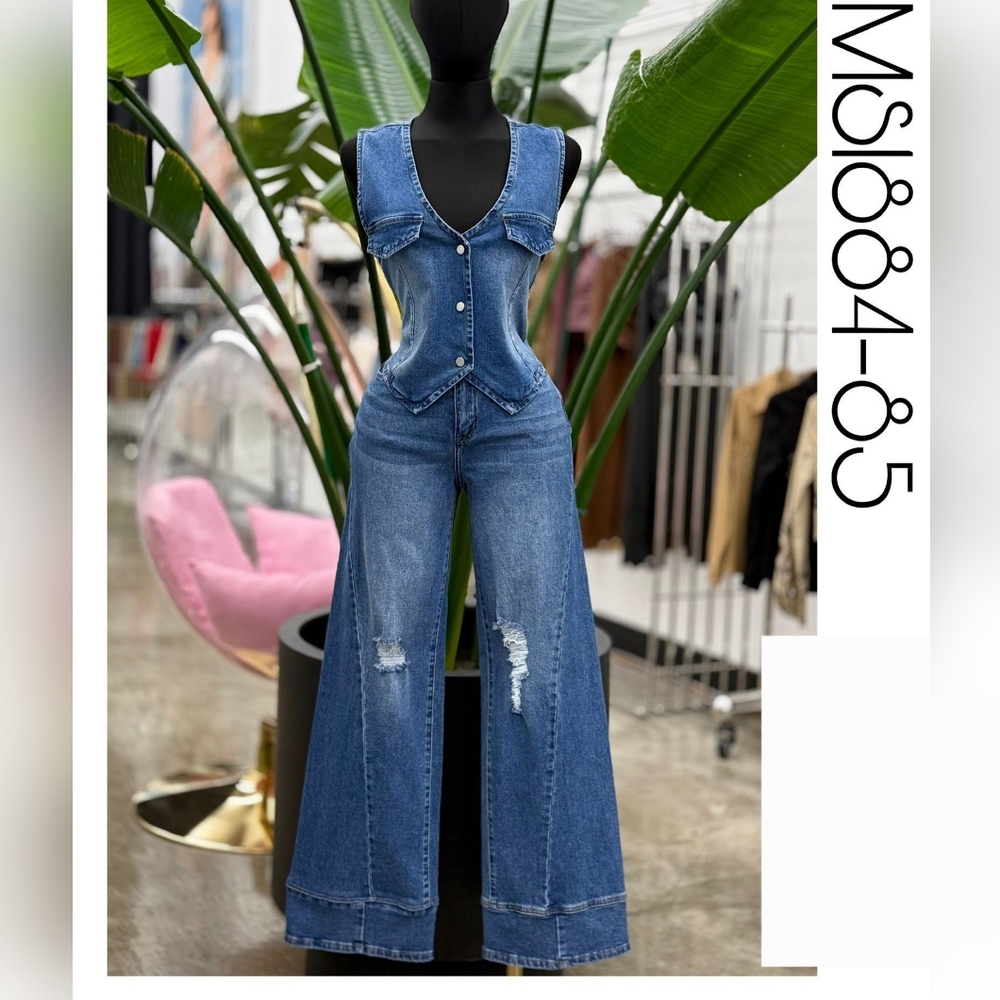 Elegant Blue Denim Flare Jeans /vest Set